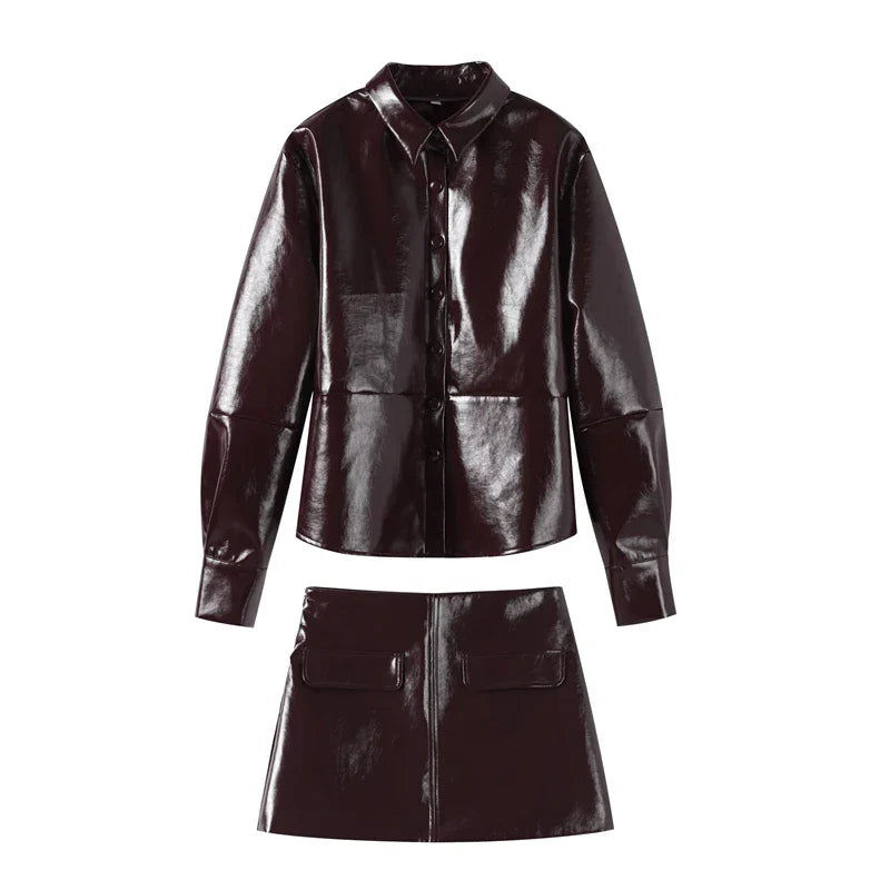 Fashion Leather Coat Skirt Sets Women Autumn Winter O-neck Long Sleeve Single Breasted Coats Mini Skirts Two Piece Set Lady suit 1