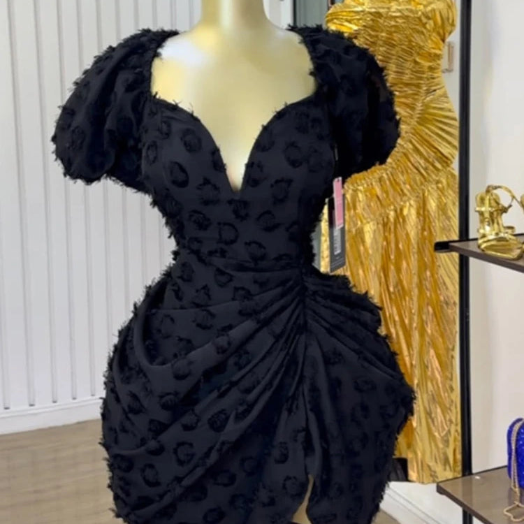Summer Women Lantern Short Sleeve Side Split Ruched Midi Mini Dress 2025 Fashion Sexy Night Club Party Dresses Vestidos