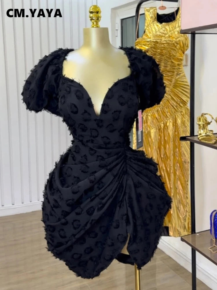 Summer Women Lantern Short Sleeve Side Split Ruched Midi Mini Dress 2025 Fashion Sexy Night Club Party Dresses Vestidos