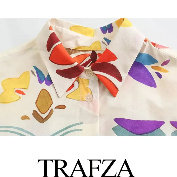 TRAFZA Women New Fashion Suit Print Turn-Down Collar Long Sleeves Buttons Single Breasted Shirts+Elastic Wais Wide Leg Pants