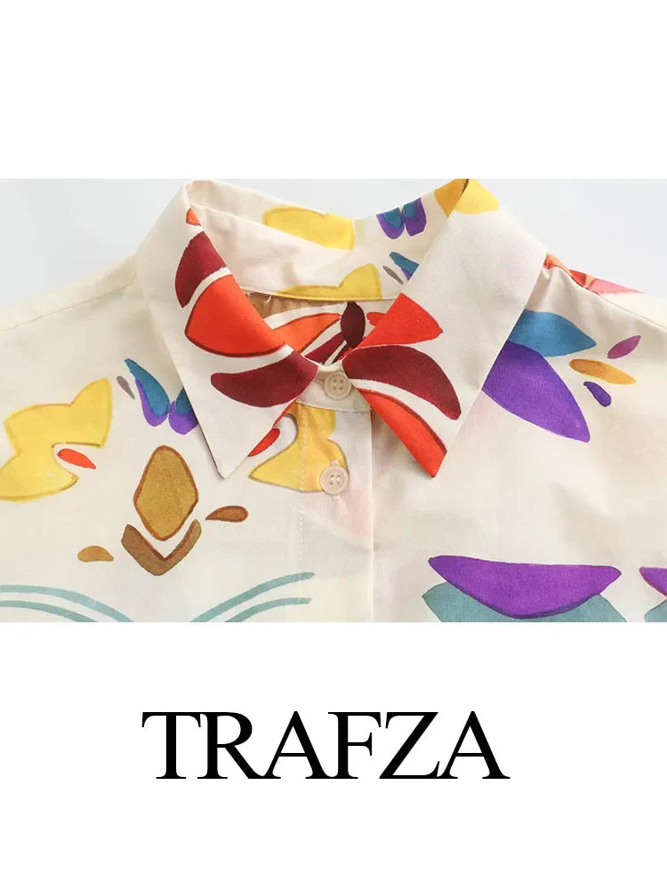TRAFZA Women New Fashion Suit Print Turn-Down Collar Long Sleeves Buttons Single Breasted Shirts+Elastic Wais Wide Leg Pants