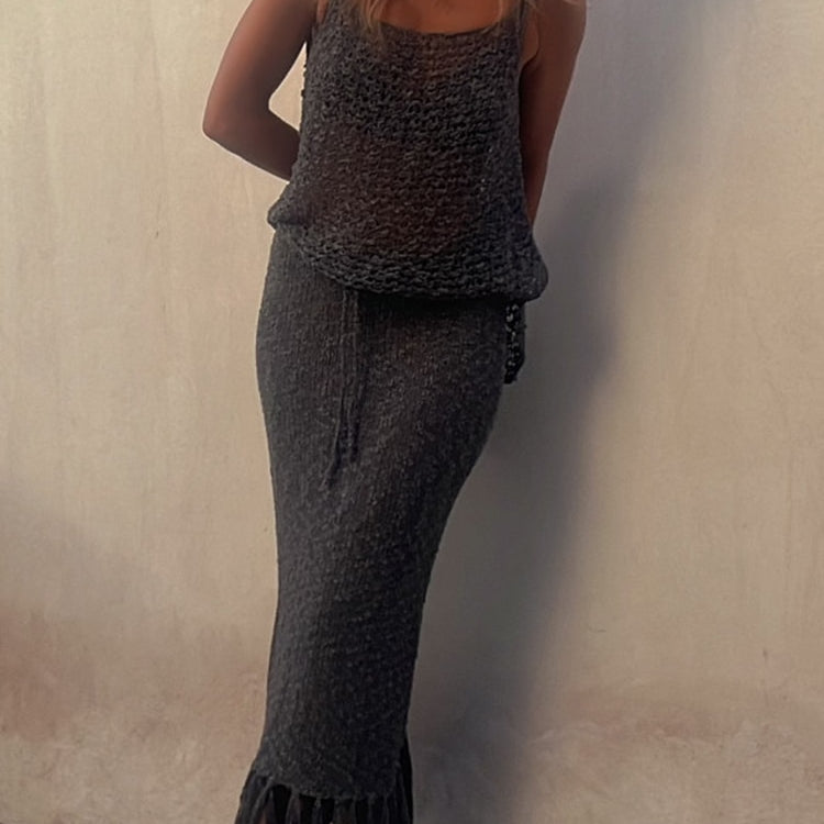 Two Piece Sets Knitted Camisole Blouse Tassel Skirts Women Sexy See Through Summer Mesh Beach Dress Suits Hollow Out Sling Tops