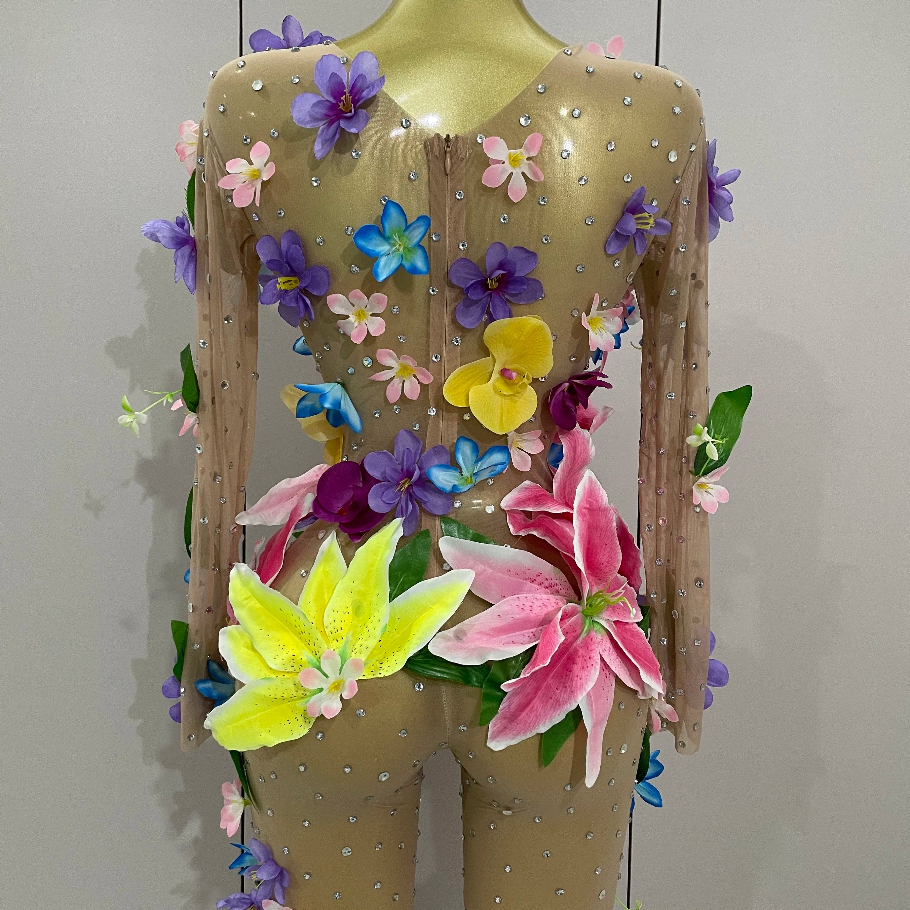 2025Sparkly Rhinestones 3D Flower Nude Mesh Transparent Jumpsut Women Evening Party Birthday Nightclub Performance Stage Costume