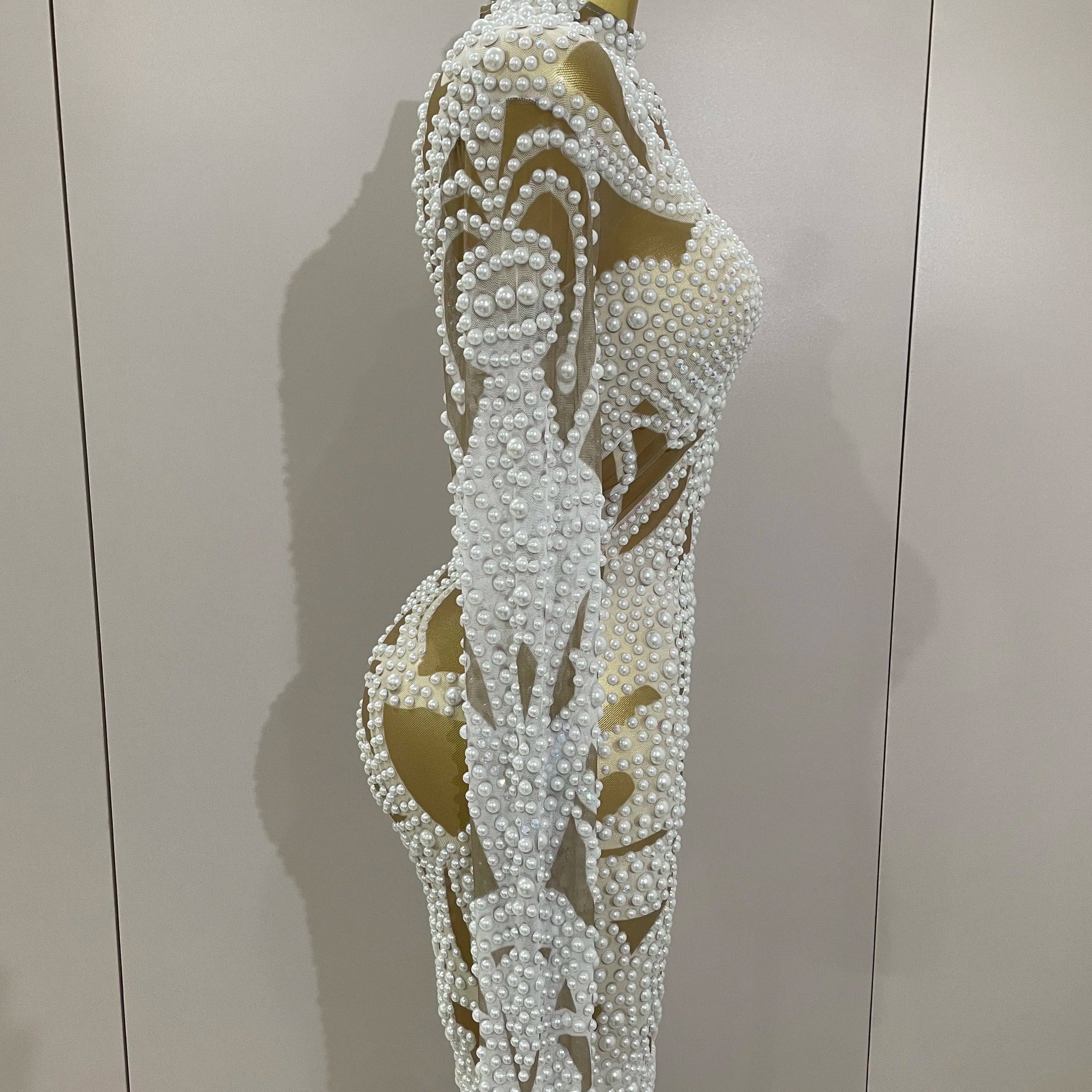 2025 New High-end Elegant Evening Gown AB Rhinestones Pearls Luxury Long Sleeves Mesh Dress Women Cocktail party Wedding Costume