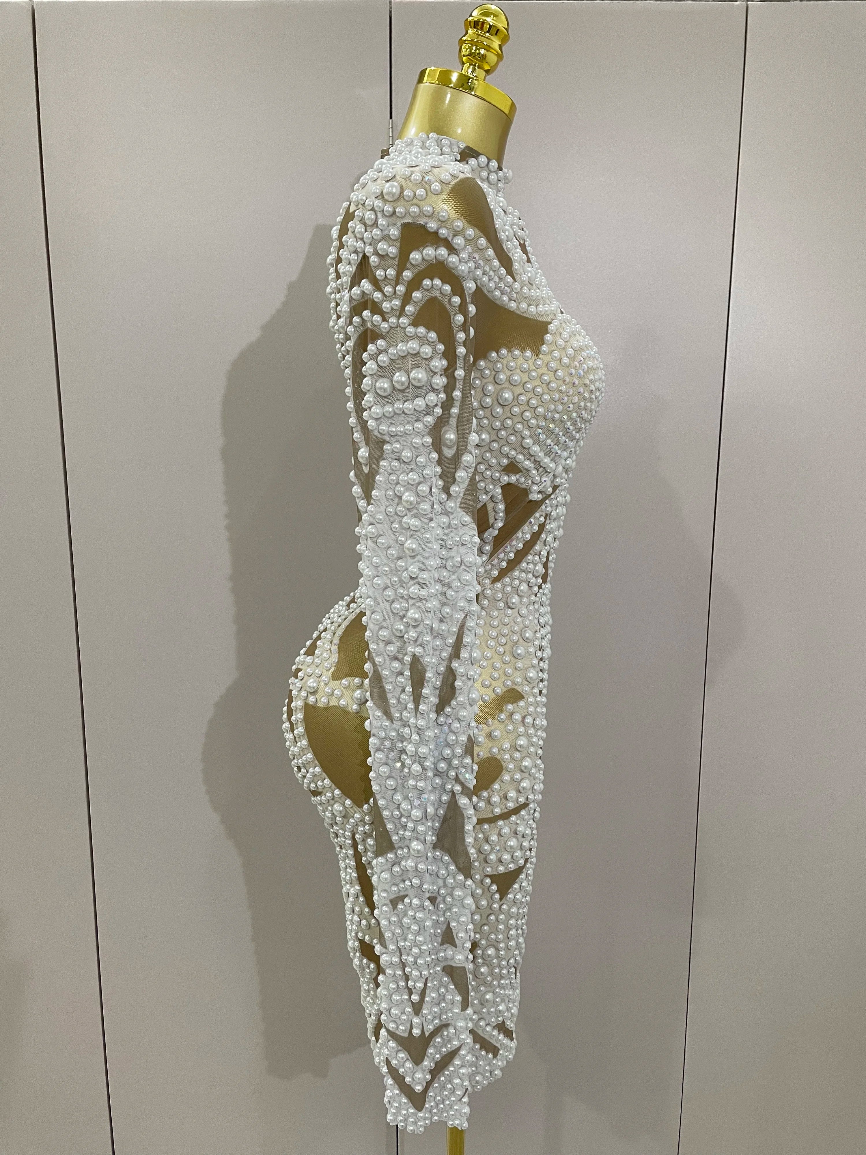 2025 New High-end Elegant Evening Gown AB Rhinestones Pearls Luxury Long Sleeves Mesh Dress Women Cocktail party Wedding Costume