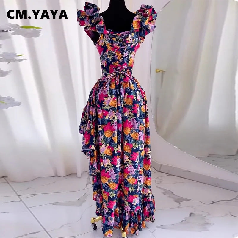 Women Ruffles Strapless Floral Print Long Irregular Dress Holiday Sweet Birthday Evening Sexy Party Dresses Vestidos