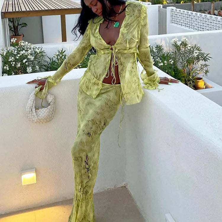 FSDA Print Y2K Mesh Long Sleeve Top Shirts Green And Maxi Skirt Bodycon Sexy Two Piece Sets Beach Outfits Women Club Green