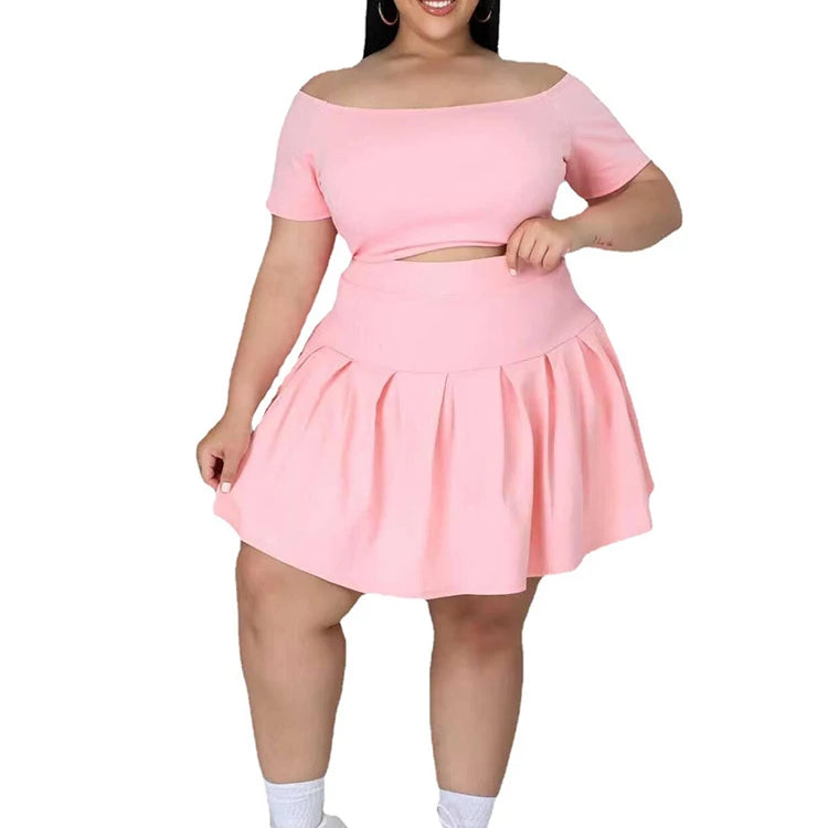 5xl Plus Size Women Clothing Wholesale Summer Outfits Crop Tops and Pleated Skirt Tracksuit Sweet Dress Suits Dropshipping Pink