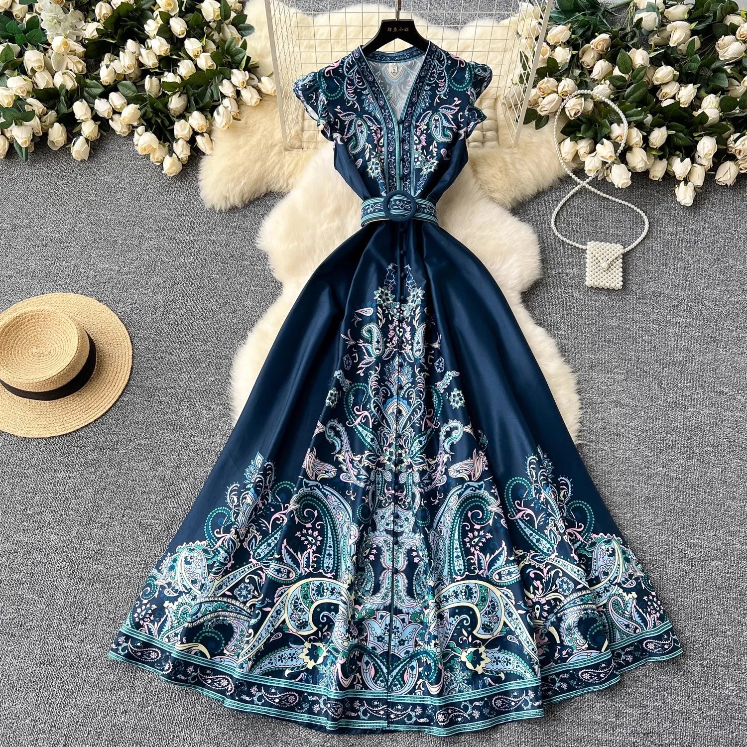 2024 Summer Women Clothing Runway Fashion Paisley Print Flying Sleeve V-Neck Single Breasted Belted Vintage Party Long Vestidos blue