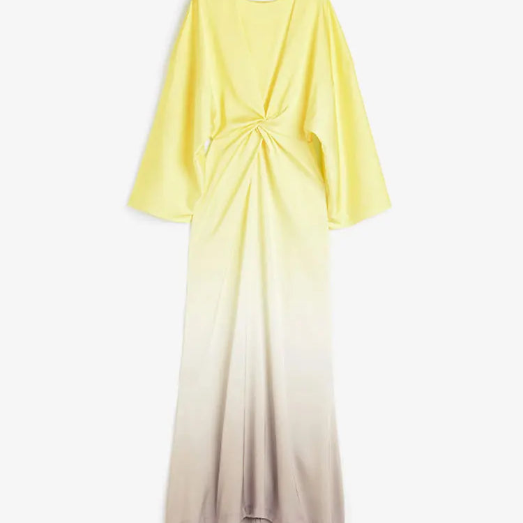 Solid Satin Batwing Sleeve Pleated Maxi Dress Women Fashion Long Sleeve O-neck High Waist Vestidos Lady Casual Loose Robes Yellow