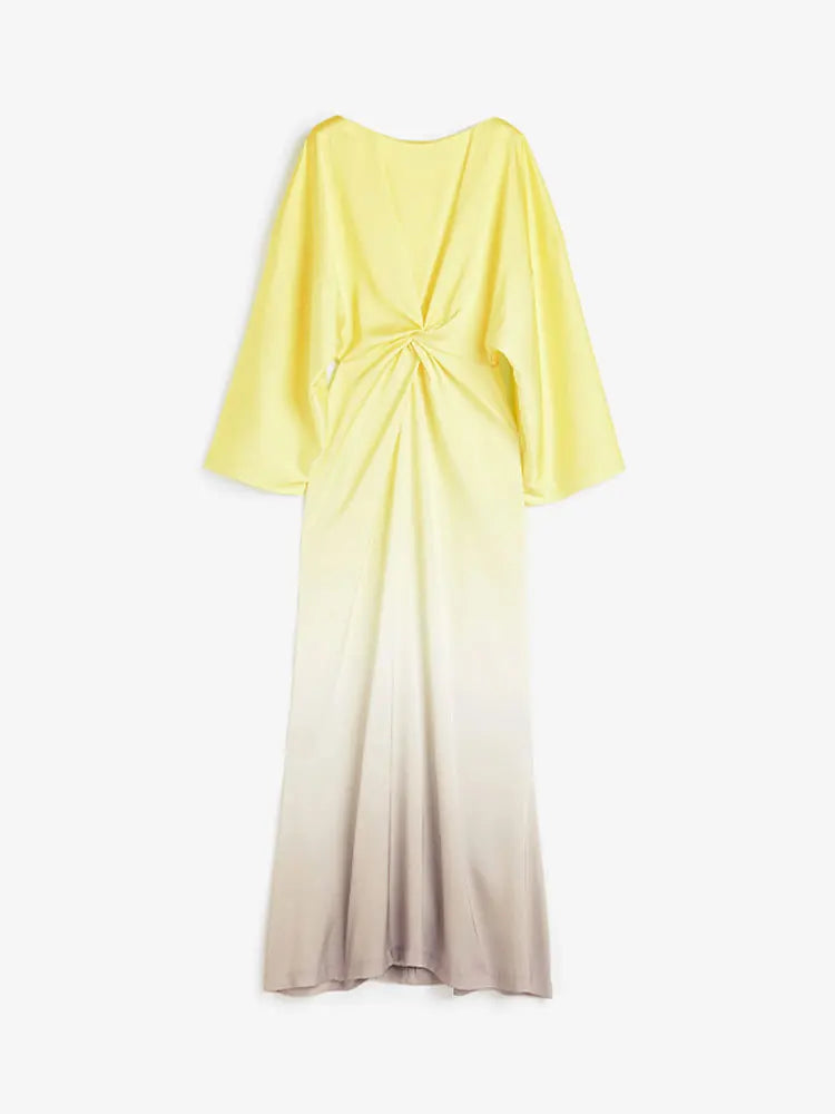 Solid Satin Batwing Sleeve Pleated Maxi Dress Women Fashion Long Sleeve O-neck High Waist Vestidos Lady Casual Loose Robes Yellow