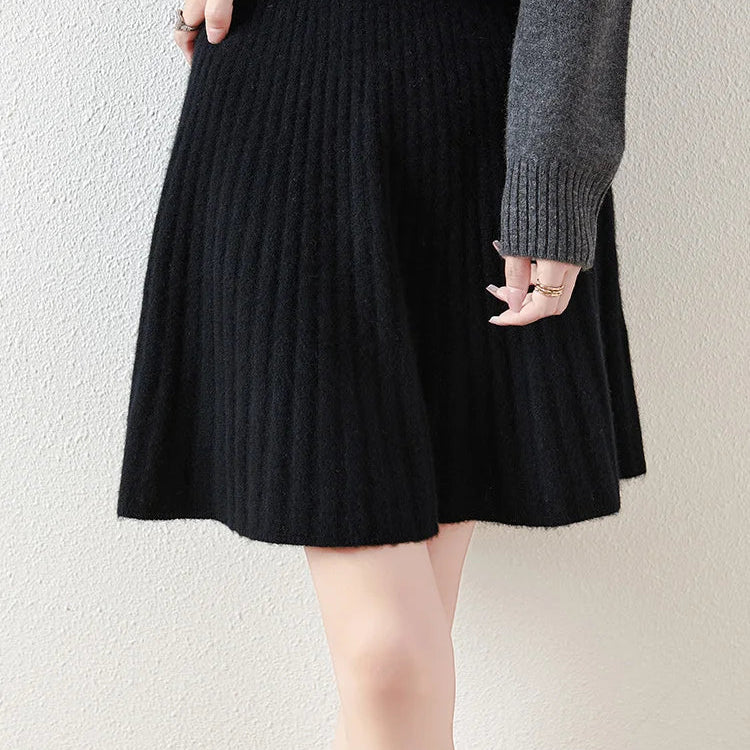 Autumn/Winter New 100% Wool Short Pleated Skirt Waist Cinching Slimming Knit Bottom Skirt Women's Bag Buttocks Umbrella Skirt