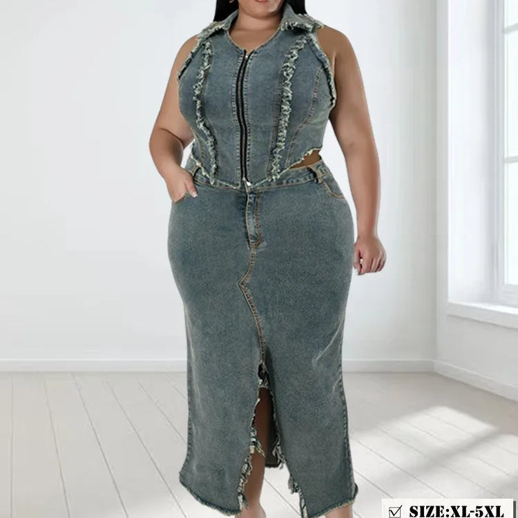 Wmstar Women Plus Size Denim Skirts Sets Two Piece Set Casual Summer Turn-down Collar Crop Tops Streetwear Matching Suits 2024
