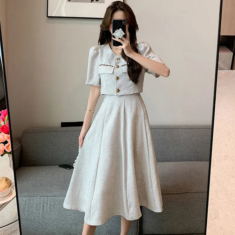 Piccolo Fragrante New Summer Fashion Korean Sweet Elegante 2 Piece Set Women Coat Top + Midi Skirt Suit Womens Two Peice Sets