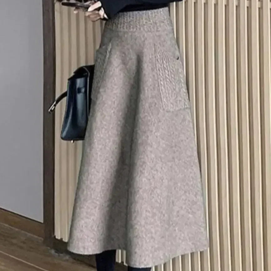 Autumn Winter Warm Wool Knitting Long Skirts Women High Waist with Pocket Loose Female Solid Knit Mid-Calf Skirt B790