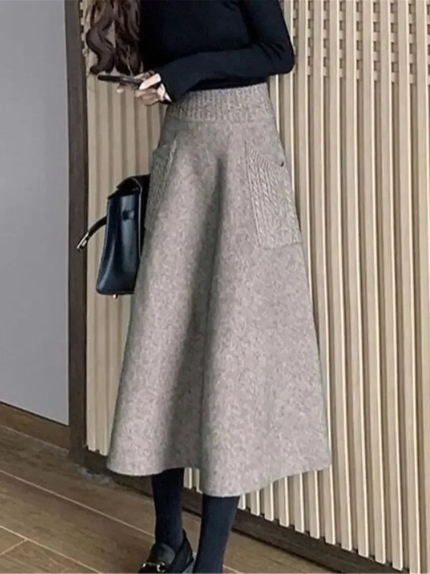 Autumn Winter Warm Wool Knitting Long Skirts Women High Waist with Pocket Loose Female Solid Knit Mid-Calf Skirt B790