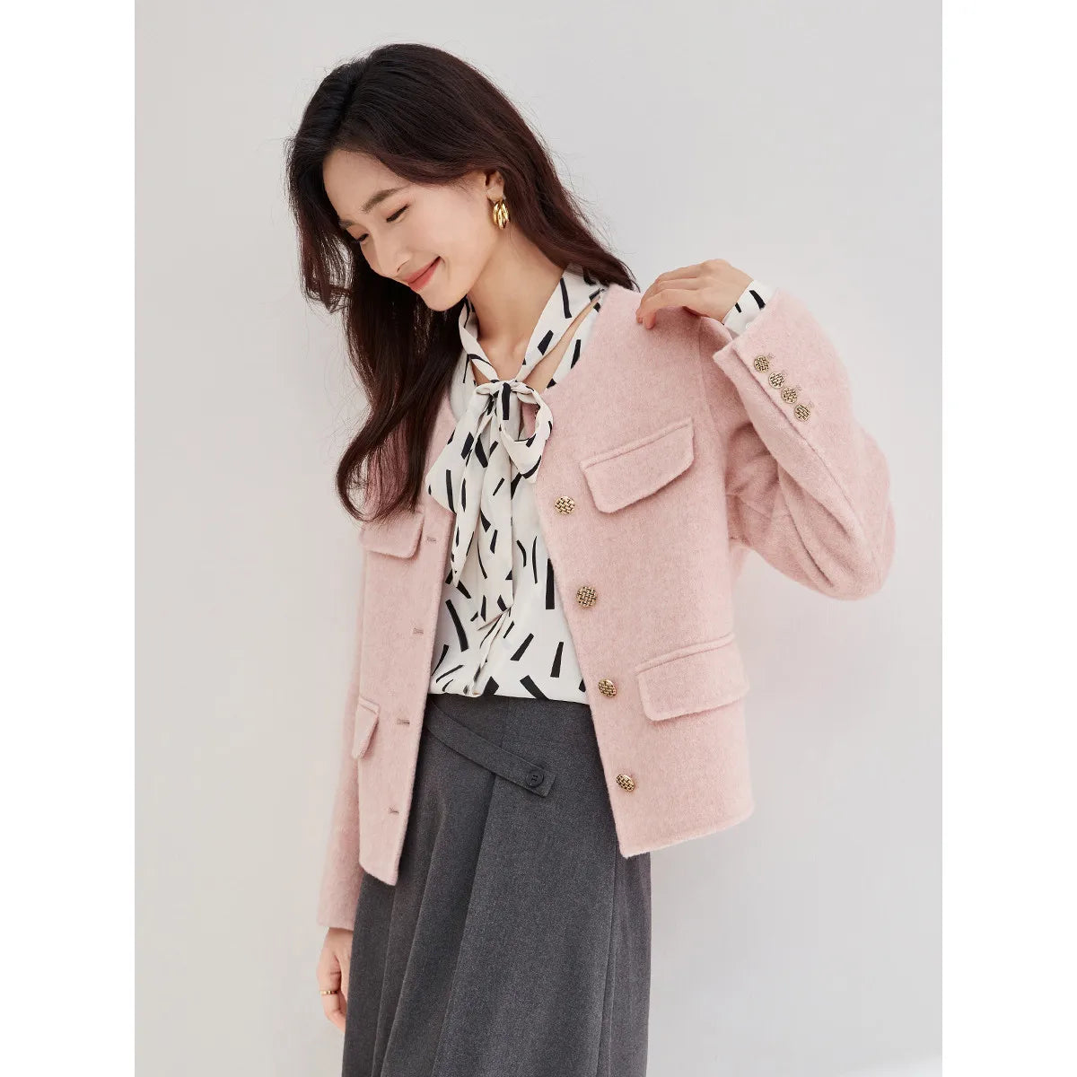 Winter Wool Blend Coats for Women Round Neck Long Sleeve Double-faced Woolen Cropped Jacket Elegant Outerwear Pink