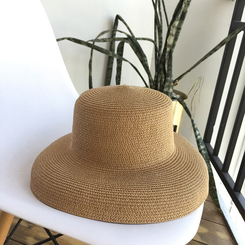Summer hat new female sun hat folding beach hat big brim travel sunscreen Hepburn wind sun hat travel 6 55-58CM