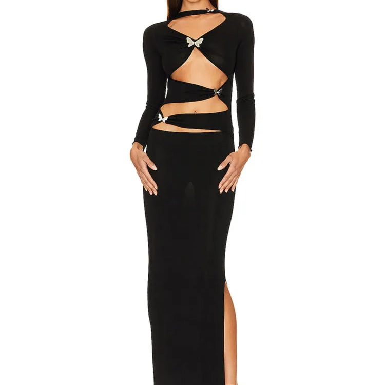 Luxury Women Celebrity Sexy Cut Out Butterfly Long Sleeve Black Maxi Long Bodycon Dress 2024 Elegant Evening Club Party Dress