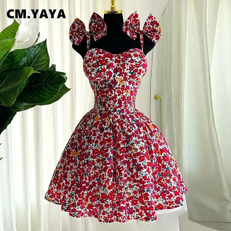 Women Floral Printed Sleeveless Bowknot Strap Big Swing Mini Dress 2025 Evening Sexy Beach Party Birthday Street Dresses