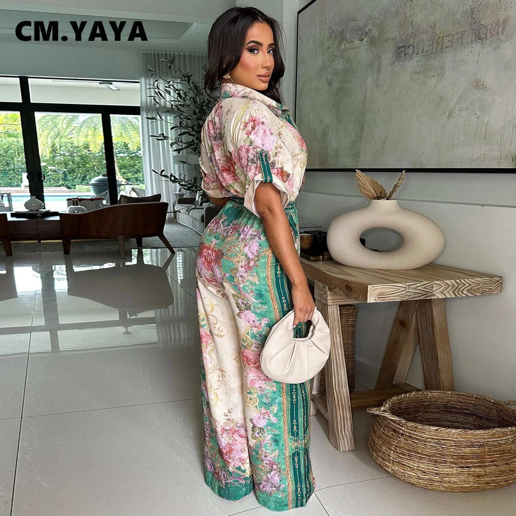 CM.YAYA Women Floral Printed Vintage Blouse Style Wide Leg Jumpsuits 2025 Summer Beach Night Club Playsuit One Piece Suit Romper
