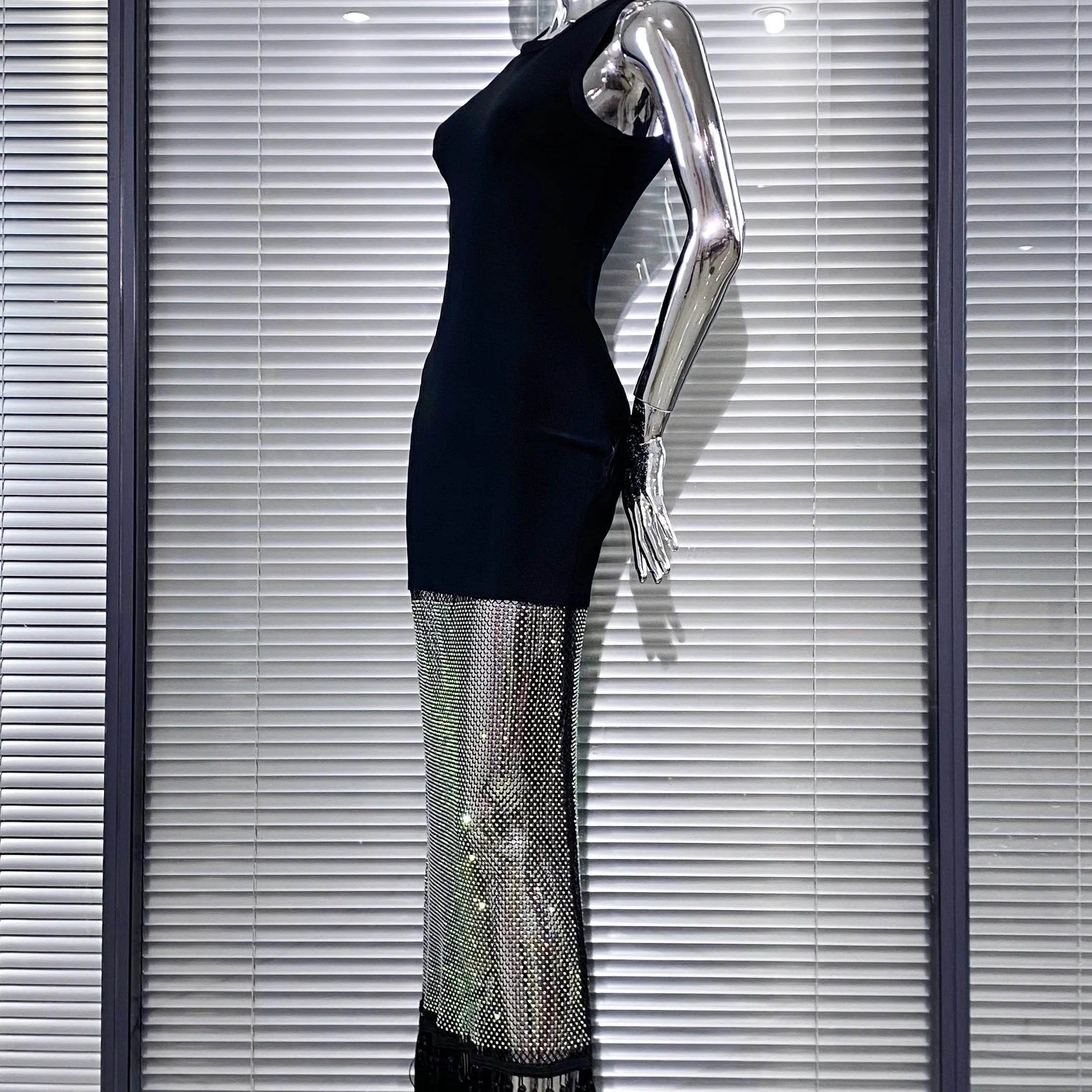 Shining Diamond See Through Mesh Tassels Black Bandage Ankle Length Dress Fashion Woman Party Dress Birthday Party Outfit