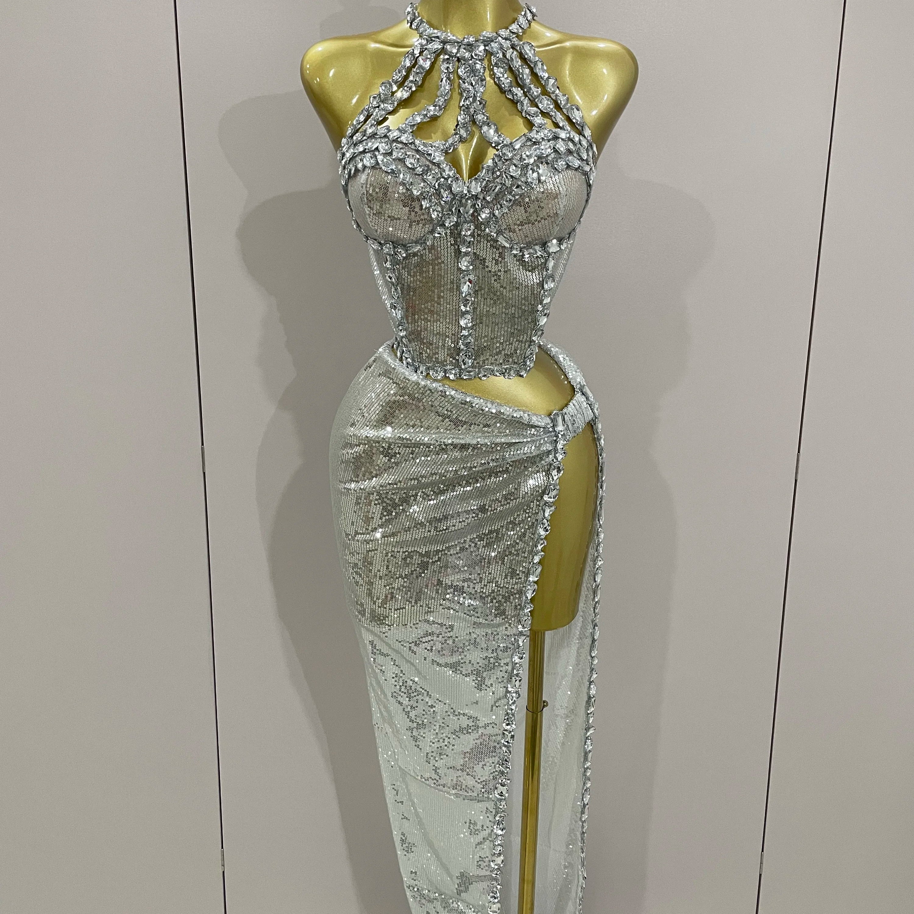 Sexy Luxury Shiny Diamond Sequins Cocktail Dress 2Pcs Set 2025New Women Evening Celebrate Birthday Party Nightclub Stage costume Silver