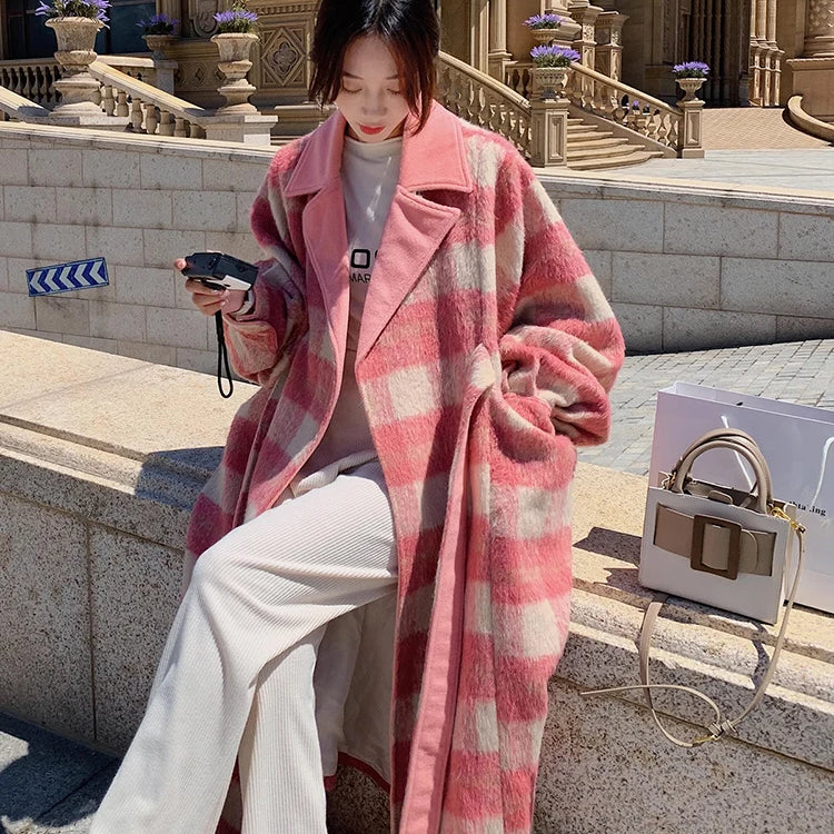 Lautaro Autumn Winter Long Oversized Warm Soft Thick Colorful Woolen Coat Women Sashes Loose Casual Korean Fashion Overcoat 2025