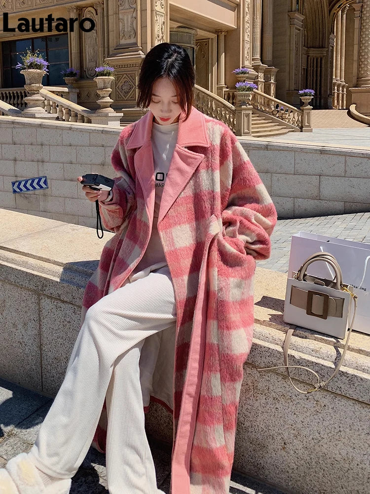 Lautaro Autumn Winter Long Oversized Warm Soft Thick Colorful Woolen Coat Women Sashes Loose Casual Korean Fashion Overcoat 2025