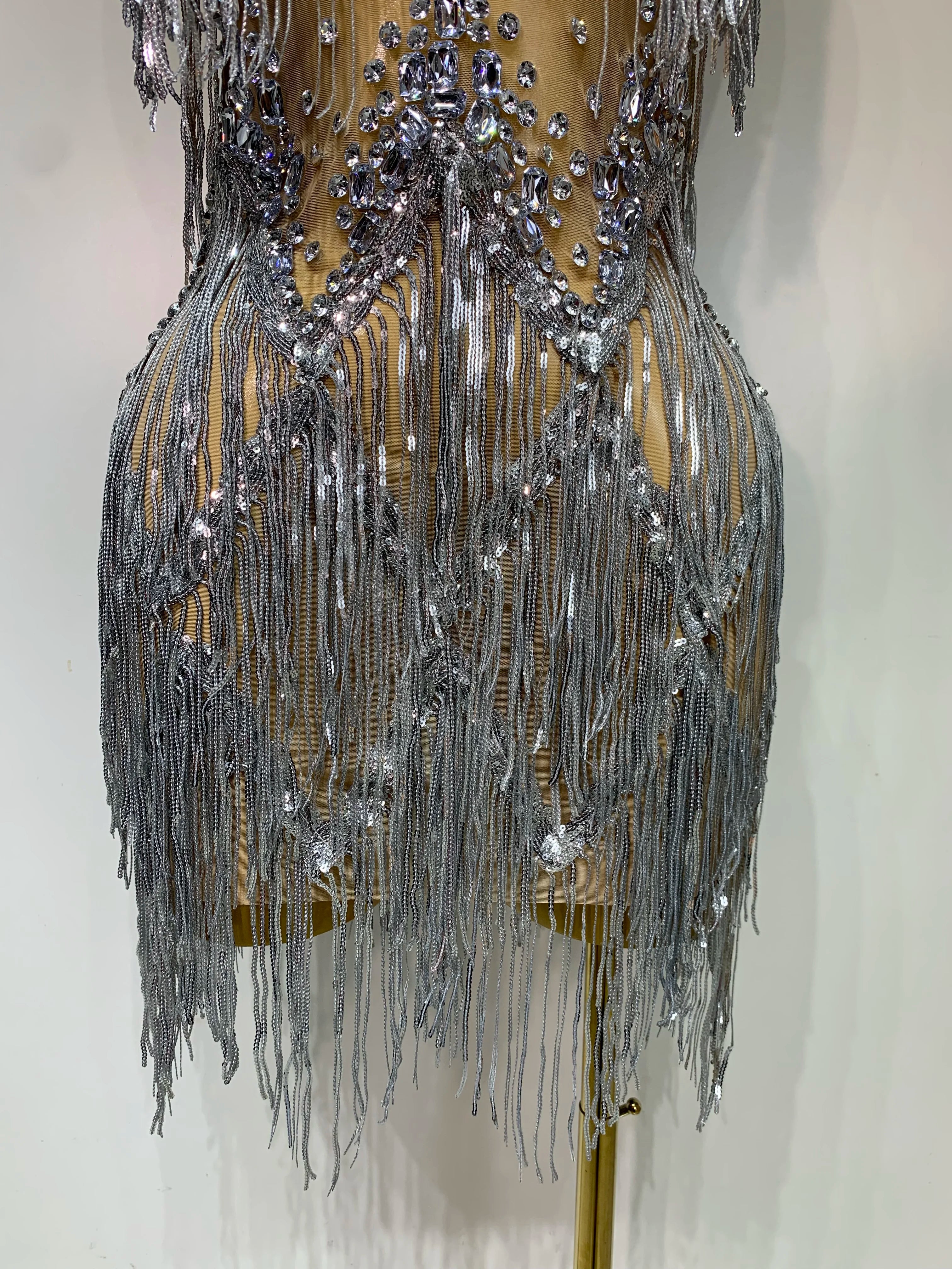 Sparkly Rhinestone Tassels Sexy Mesh See Through Dress 2025 Women Evening Party Luxury Birthday Nightclub Perform Stage Costume