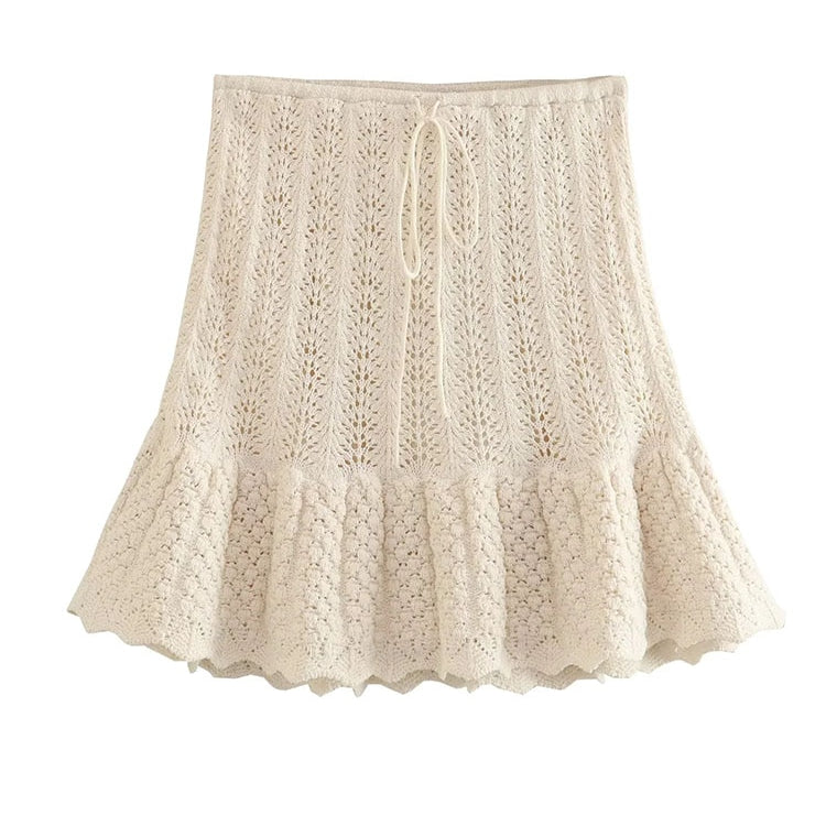 TRAF Y2K Hollow Out Knitted Women Summer 2 Piece Sets 2024 Thin Sleeveless Crop Top Female Ruffles Mini Skirt Suits