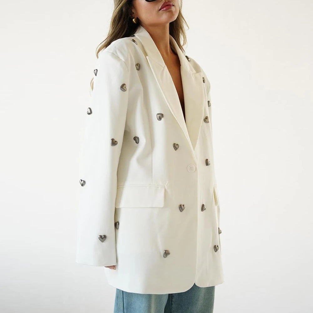Elegant Spliced Heart Blazers For Women Notched Collar Long Sleeve Patchwork Pockets Chic Blazer Female Fashion New