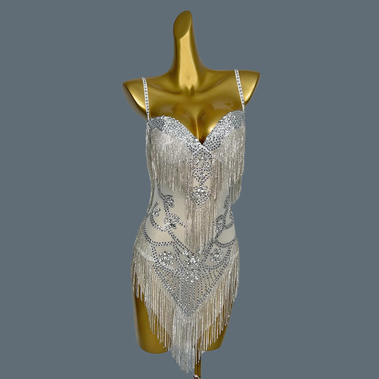 Sexy Backless Pink Diamond Dress Mesh Elastic Strap Dress Club Dinner Birthday Party Dress Stage Performance Costume Yelian WHITE