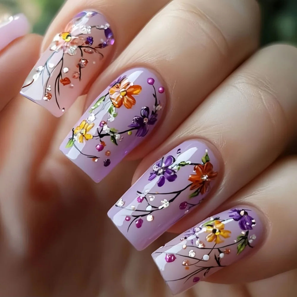 24pcs Flower Full Cover Nail with Pearl Design Mid-length Ballet False Nails Press on Square Fake Nail Tip Wearable Manicure Set Y711