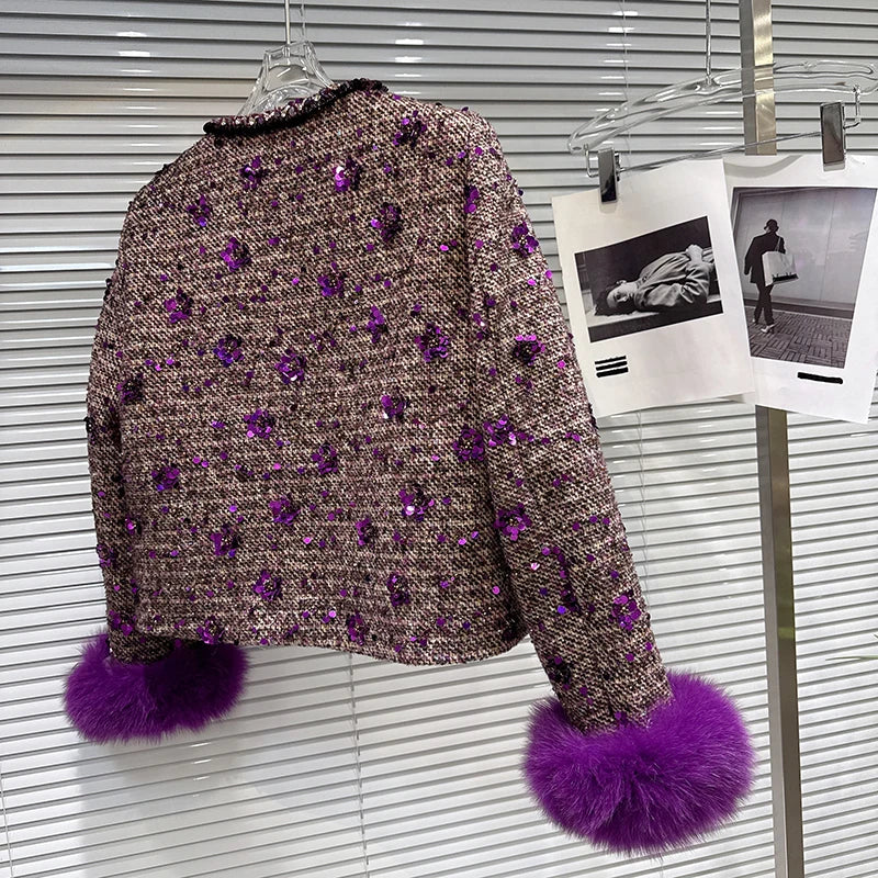 Winter New Fashion High-End Fox Fur Cuff Sequin Tweed Cotton Lined Short Coat For Women Elegant Jacket Female 11A07859