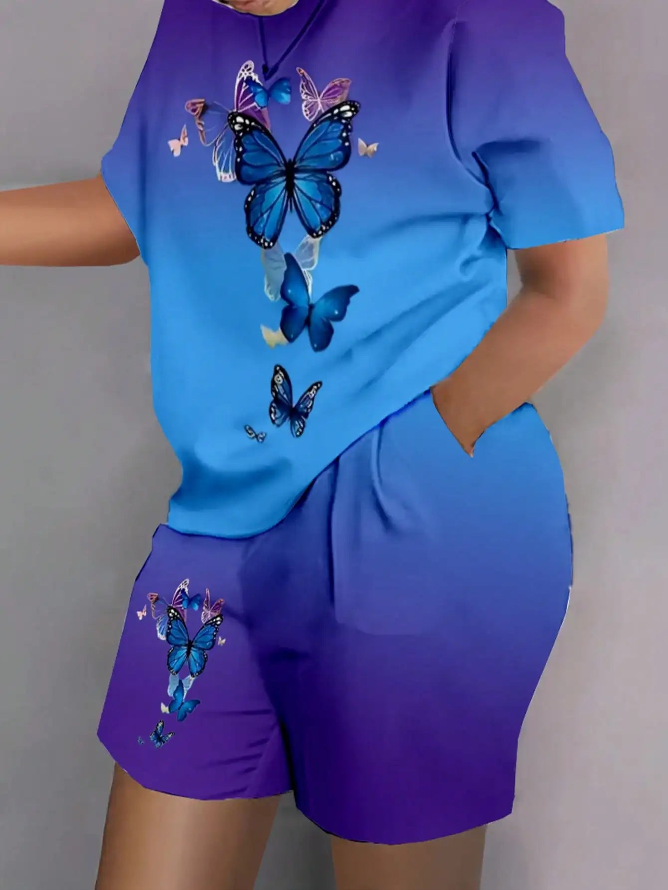 Plus Size 1XL-5XL Women's Colorful Abstract Print Pajama Set Casual Short Sleeve Round Neck T-Shirt & Shorts Summer Loungewear Blue