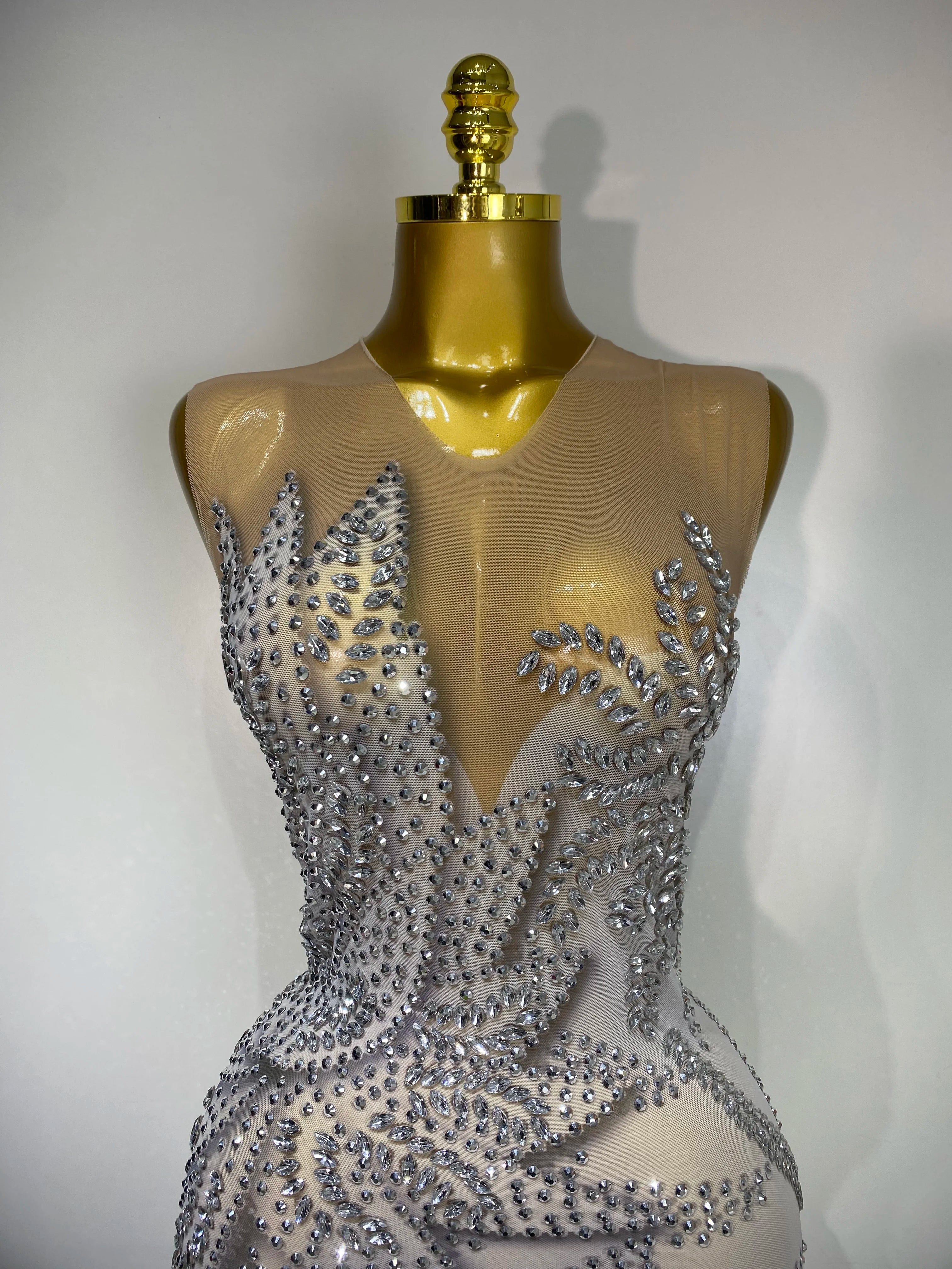 Luxury Rhinestone Sleeveless Silver Long Dress Women Sexy Mesh See Through Evening Prom Birthday Photo Shoot Singer Stage Outfit