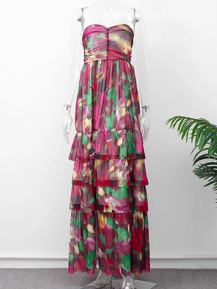 Colorful Strapless Long Dress Women Elegant Backless Patchwork Bodycon Dresses Summer Female Club Party Evening Vestidos