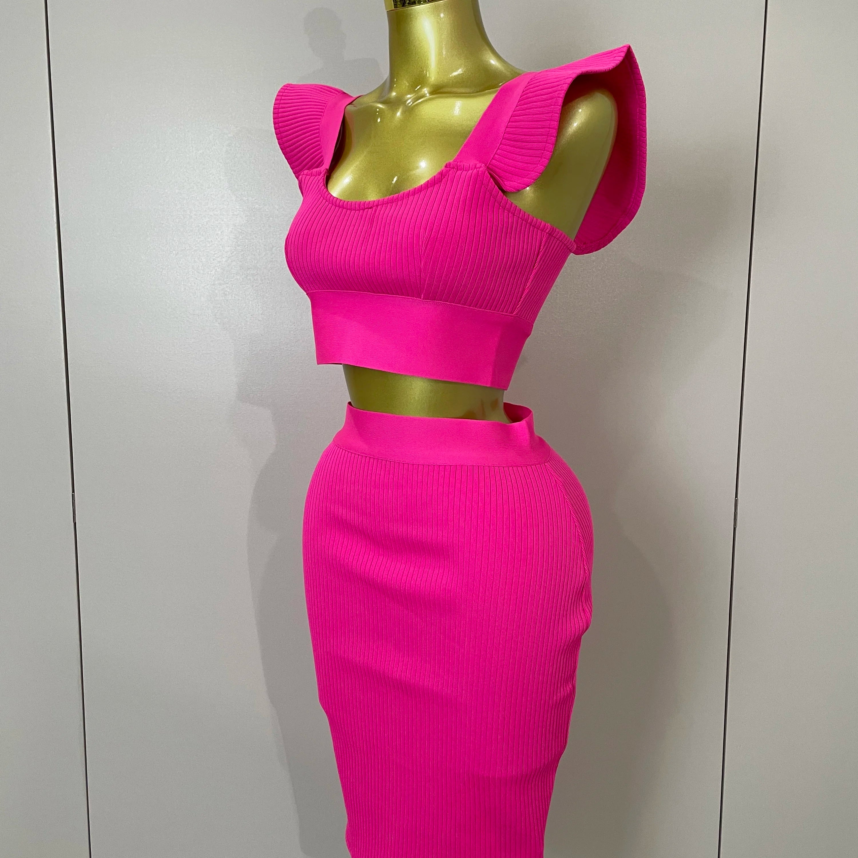 Women 2025 New Sexy Backless Ruffles Red Bandage Two Pices Set 2025 Celebrity Evening Elegance Birthday Party Dress