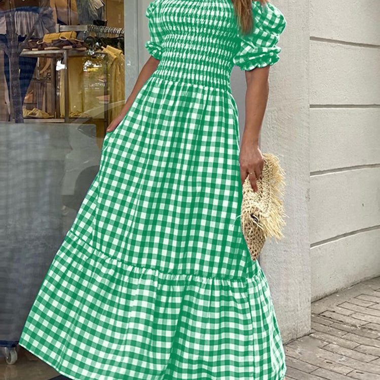 VONDA Summer Long Maxi Dress Women 2024 Casual Short Sleeve Square Collar Vintage Plaid Party Bohemian Vestidos Loose Sundress