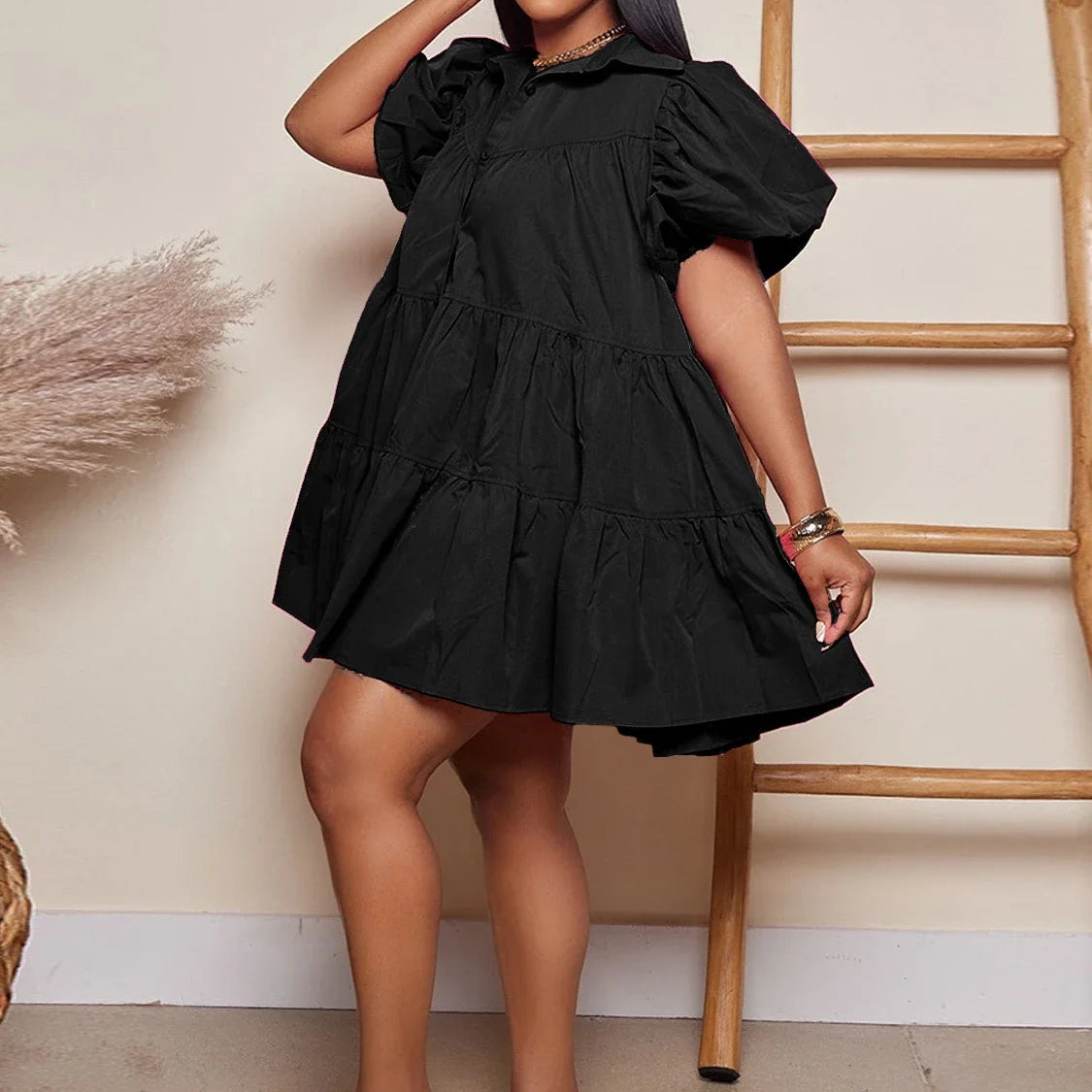 Elegant Women Puff Sleeve Single Breasted Lapel Collar Babydoll Dress Street White Big Swing Loose Smock Shirt Dresses