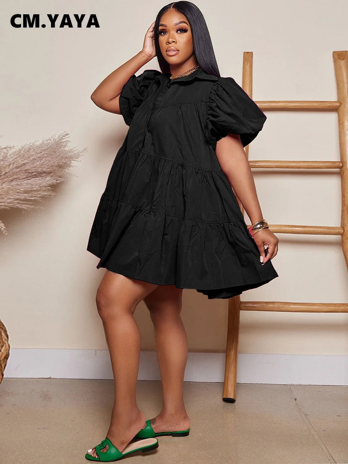 Elegant Women Puff Sleeve Single Breasted Lapel Collar Babydoll Dress Street White Big Swing Loose Smock Shirt Dresses