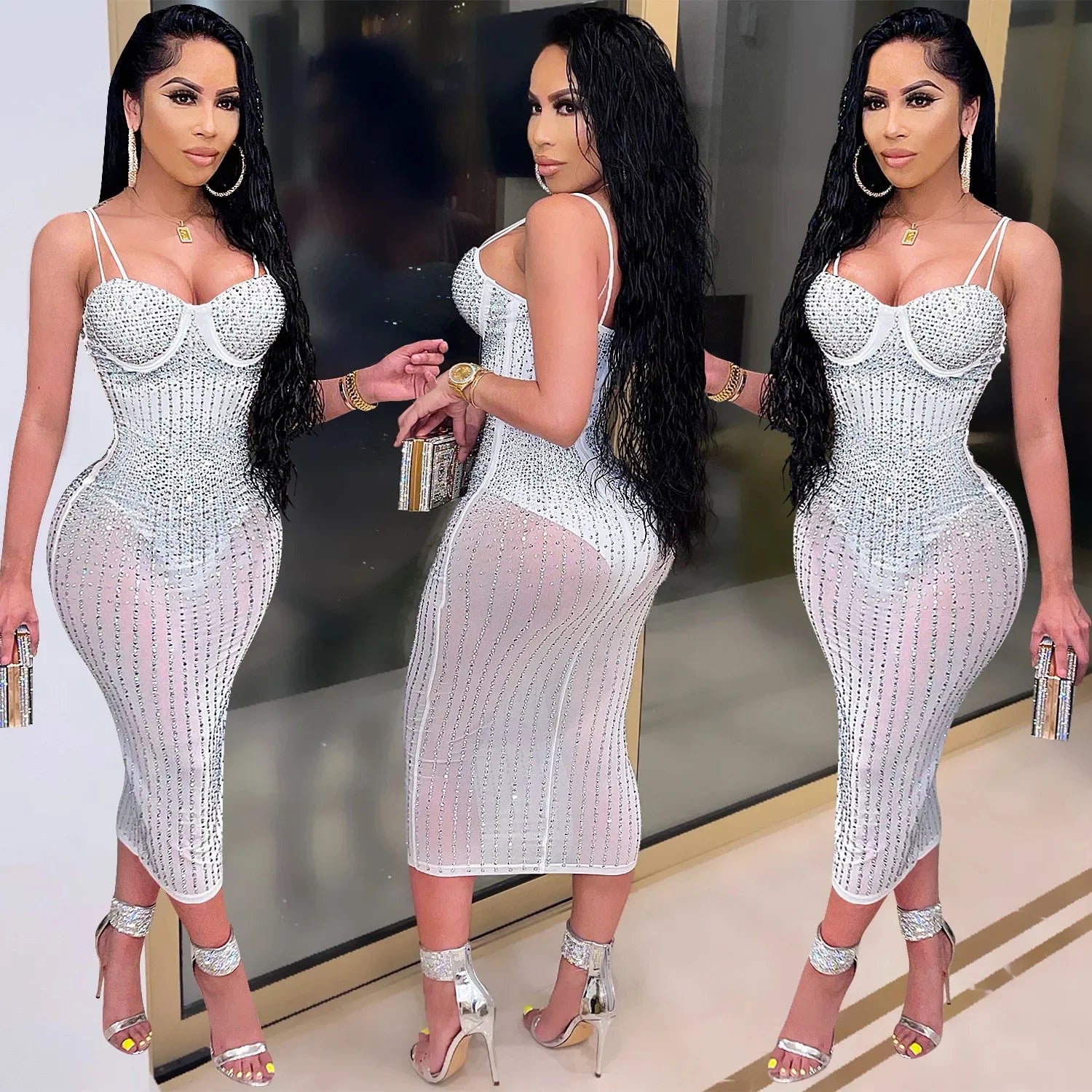 Mesh See Though Hot Rhinestones Plunging V-neck Midi Bodycon Dress Women Sexy Club Party Dresses Pencil Vestidos WHITE