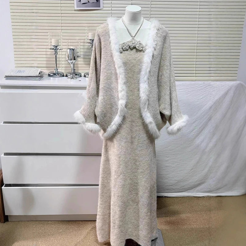 Winter New Fashion Spliced Furry 3D Flower Sweater Coat Evening Party Knitted Dress Two-Piece Set For Women 11A07912 Apricot One Size