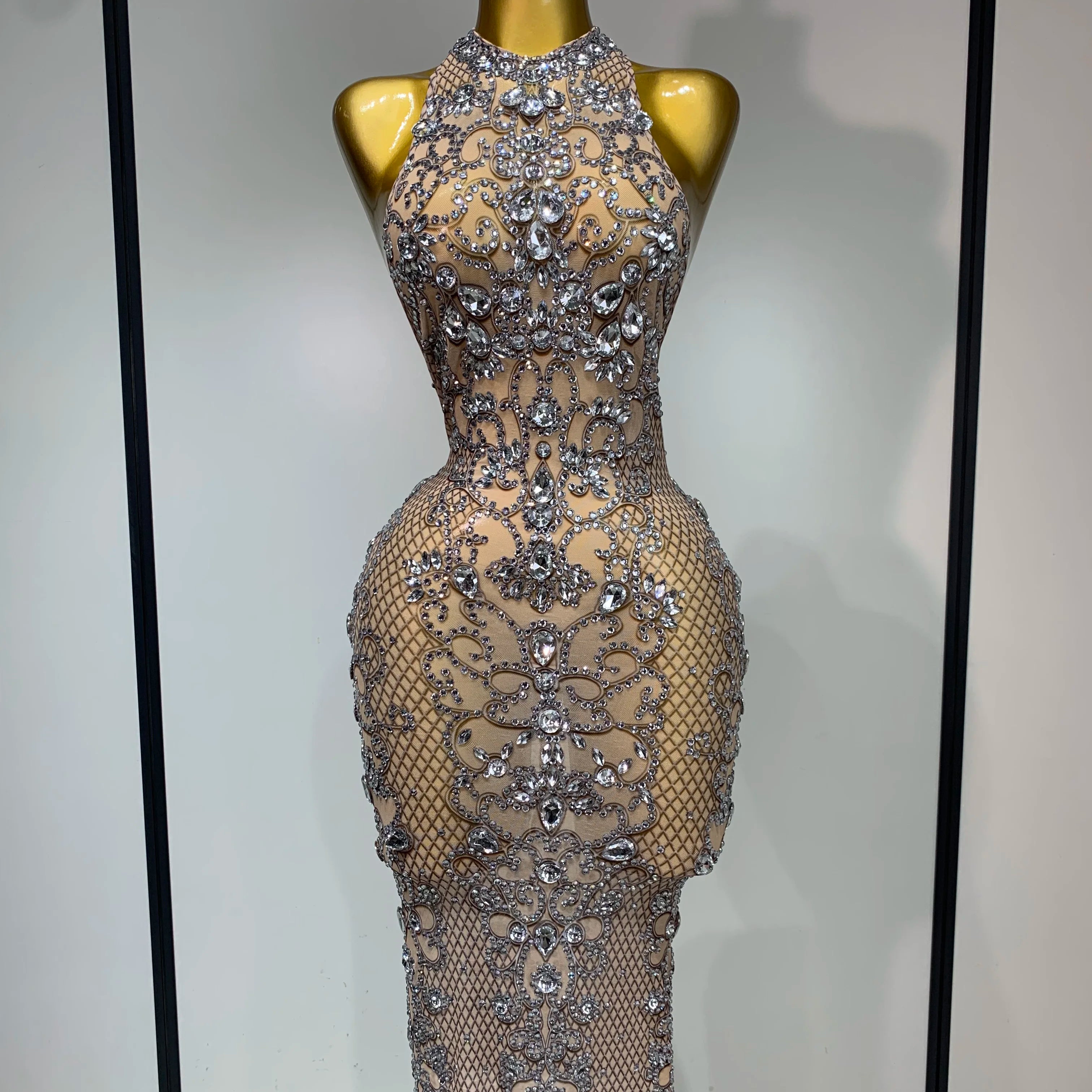 Women Sexy Backless Mesh Crystal Diamonds Performance Costume Stage Dancer See Through Stretchy Nightclub Evenig Party Dresses Khaki