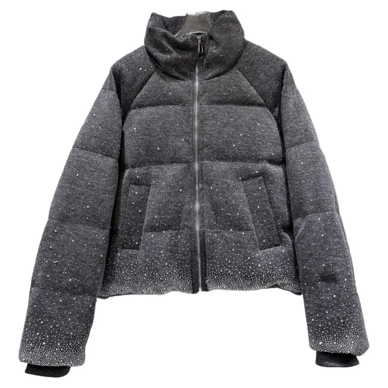 Winter New Trendy Heavy Gradient Rhinestone Stand Collar Zipper Loose Warm Jacket For Women Cotton Coat 11A07646