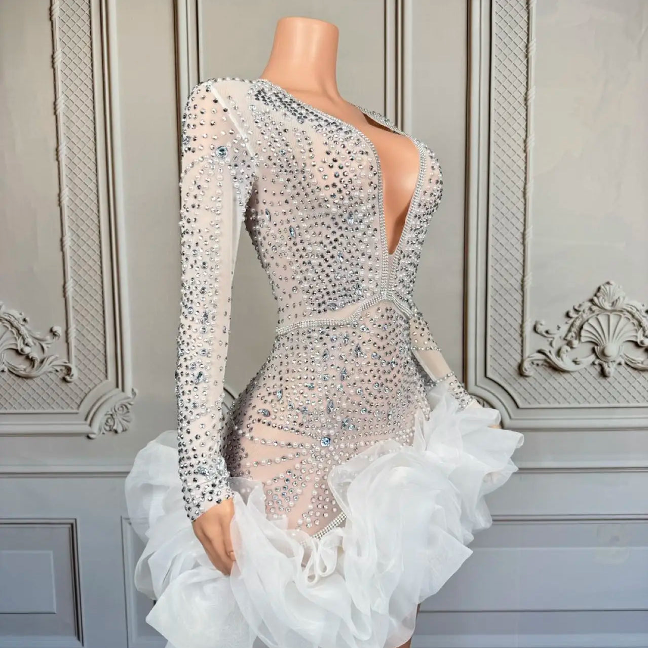 Sparkly Rhinestone White Pearls High-end Short Dress Sexy Women Deep V Neck tutu Mini Dress Nightclub Party Dress-up Outfit Babi