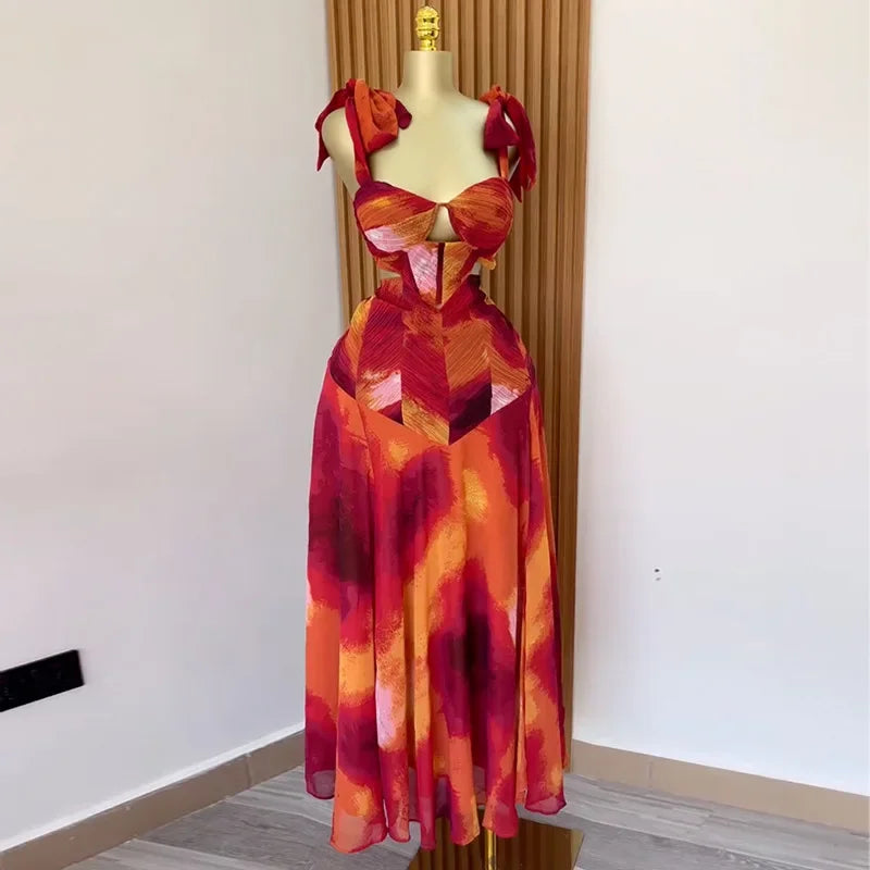 Fashion Printed Women Long Dresses Beach Holiday Street Bowknot Crop High Waist Big Swing Fake 2 Piece Party Dress 2025 Mixed