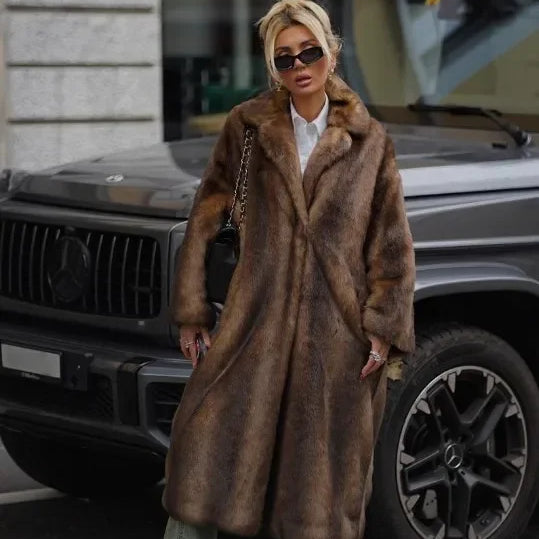 Women Retro Luxury Faux Fur Coat Fashion Lapel Single Breasted Long Sleeve Pockets Jacket Winter Plush Warm High Street Outwear Style A