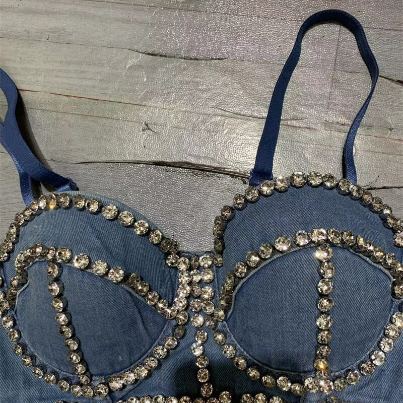 Streetwear Diamonds Denim Vest Female Bra Sleeveless Backless Sexy Summer Tank Tops For Women Camisole Y3851